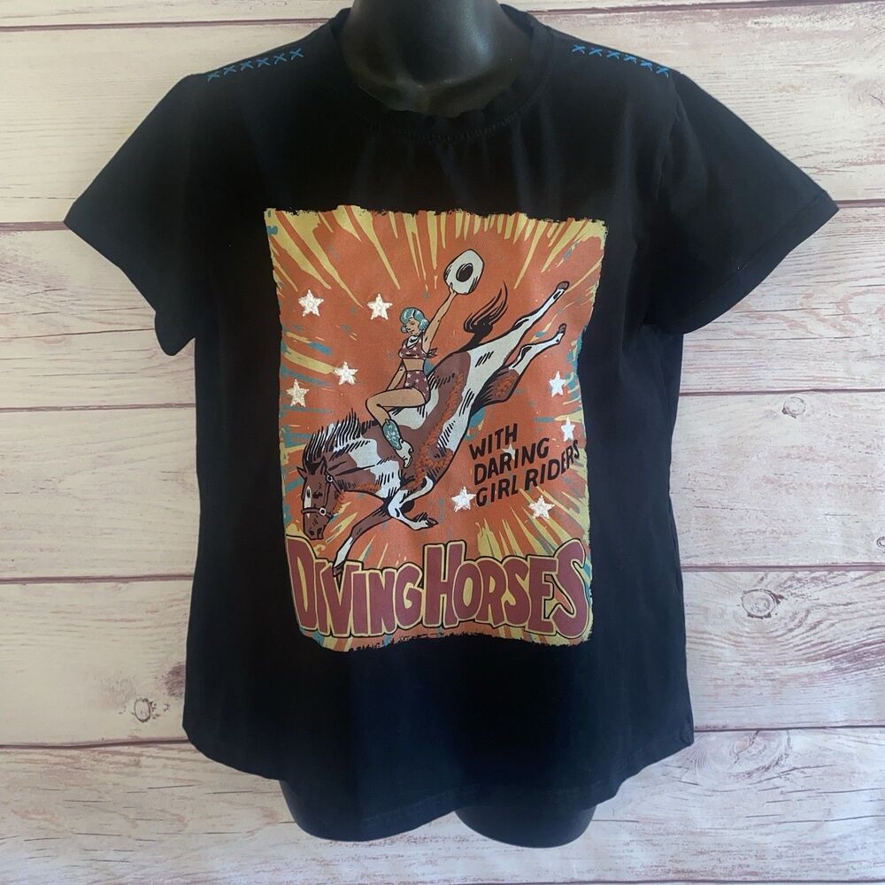 John Moon Texas Womens XL Flying Horses Cowgirl Western Graphic T Shirt Black A5